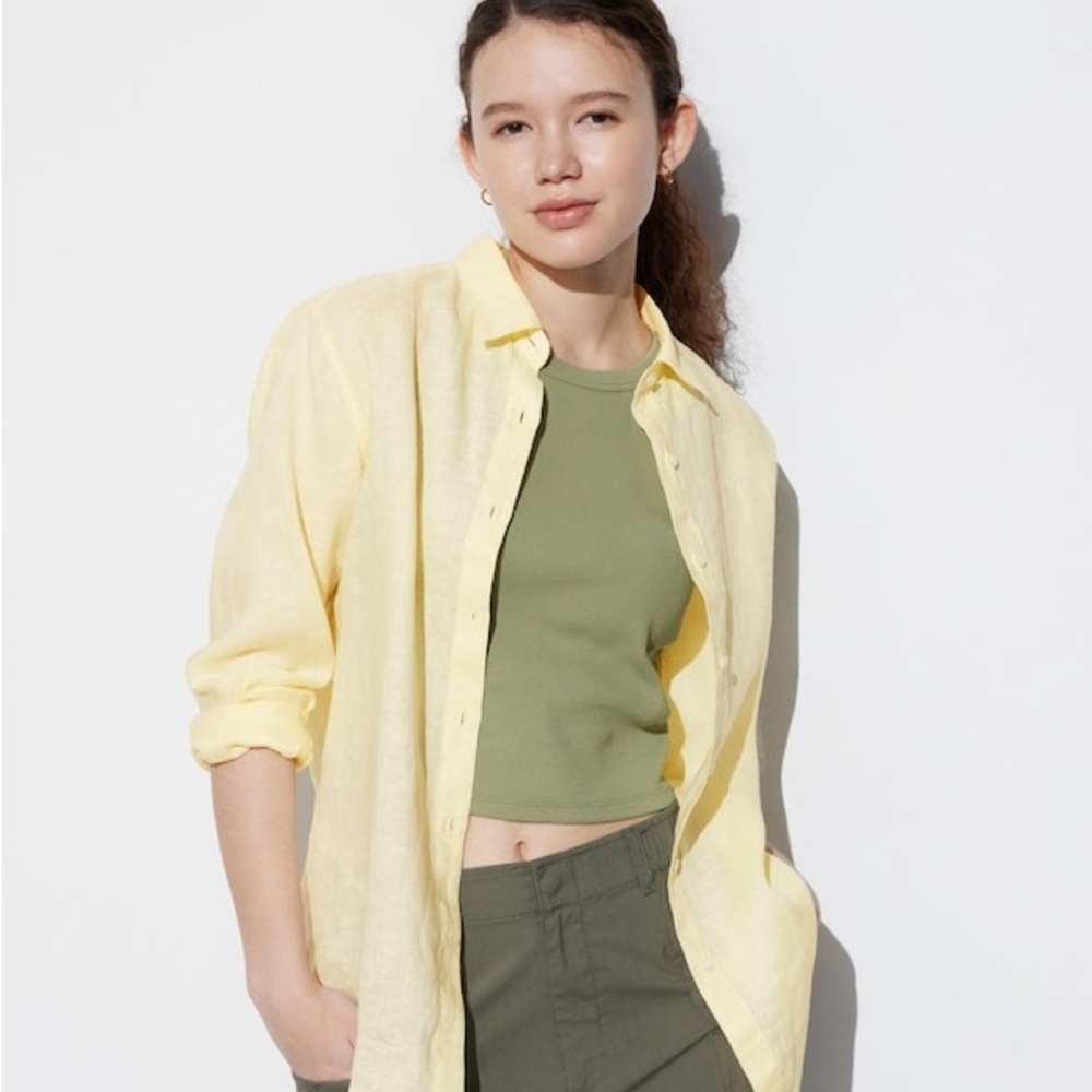 Uniqlo 100% Linen Button Down Shirt in Yellow Size Medium